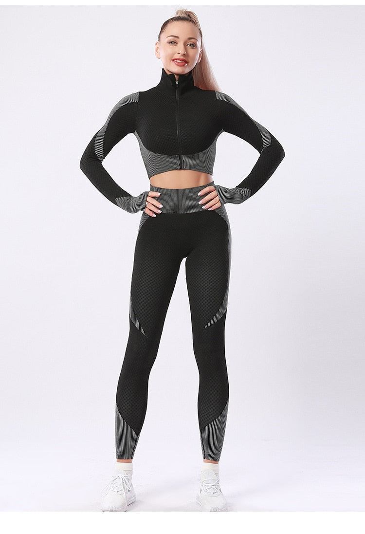 Women Tracksuit Outfit Fitness Set High Waist Leggings Gym Zipper Long Sleeve Yoga and Gymb Clothing - activesportslife