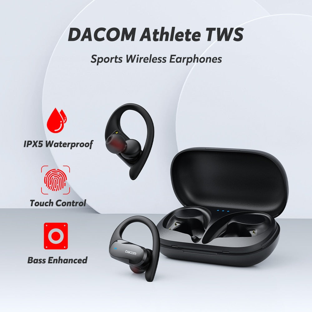 DACOM ATHLETE TWS Bluetooth Earbuds Bass Stereo Ear Hook for Android iOS Waterproof - activesportslife