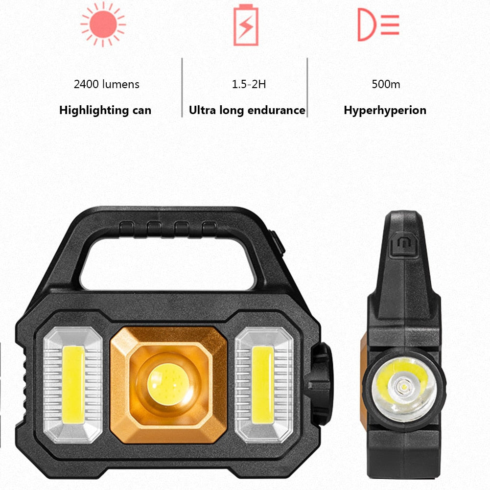 500LM USB Rechargeable Flashlight Waterproof 6 Gear COB/LED Torch Light Portable Powerful Lantern Solar Light for Camping Hiking - activesportslife