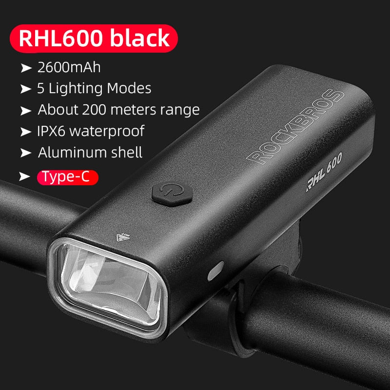 ROCKBROS Bike Light Rainproof Type-C Charging LED 2000mAh MTB Front Lamp Headlight Aluminum - activesportslife