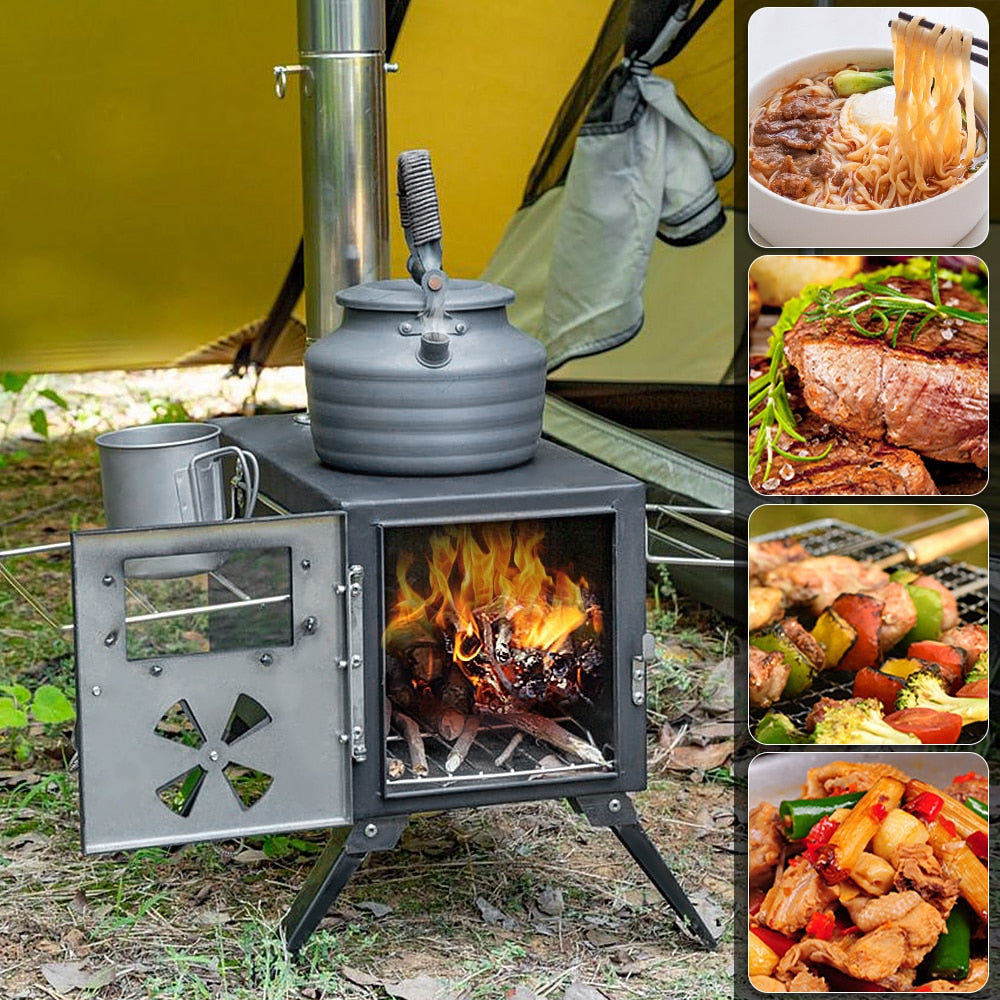 Outdoor Camping Tent Firewood Stove Portable Wood Burning Stove Multifunctional Burner with Detachable Chimney - activesportslife