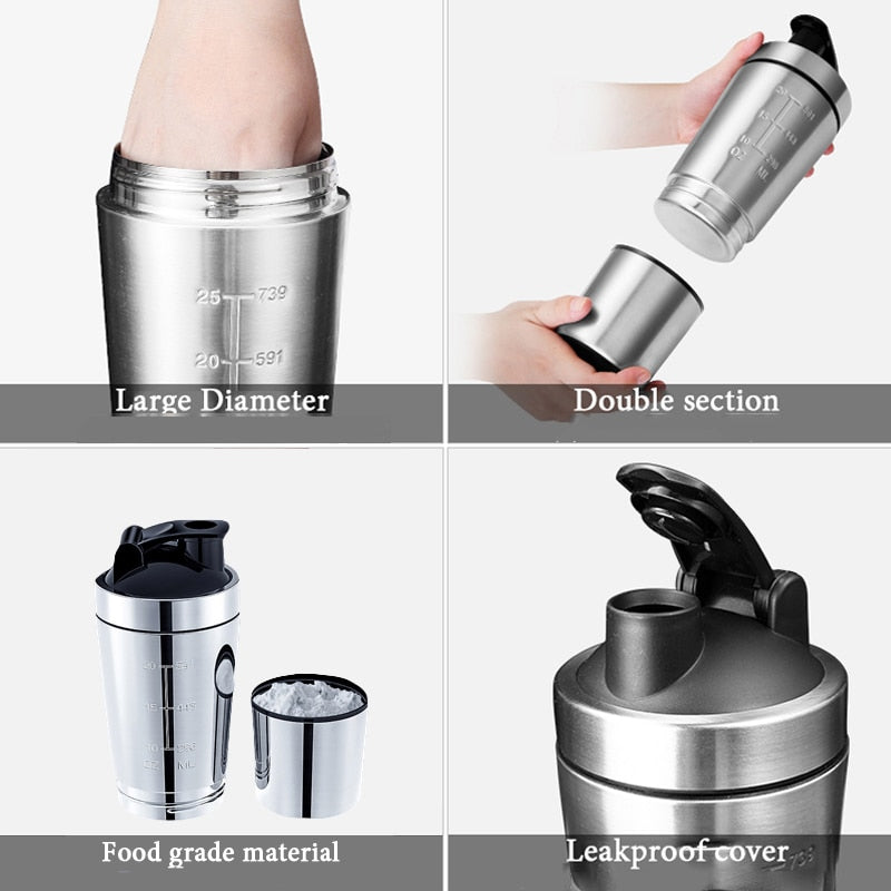 Stainless Steel Shaker Bottle Whey Protein Blender Mixing Bottles Gym Sport Travel - activesportslife