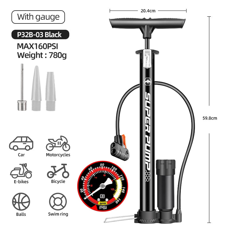 Xunting Bike Pump Inflator Max 160PSI Floor Pump with Pressure Gauge - activesportslife