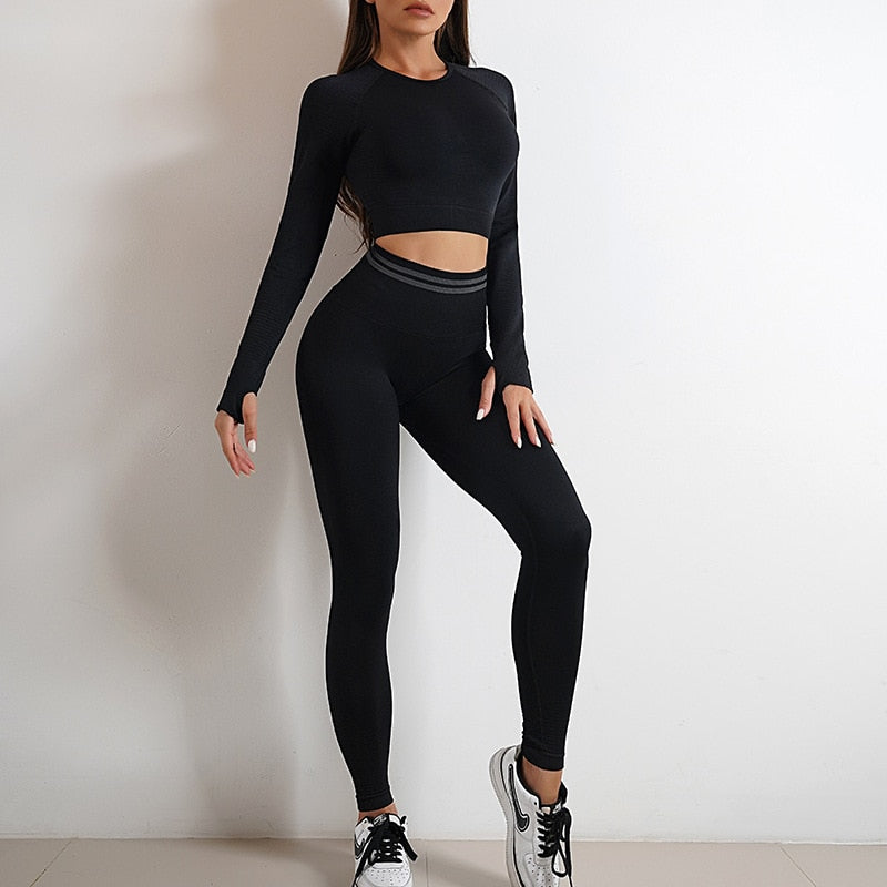 Seamless Yoga Sports Set High Waist Hip Raise Pants Long-Sleeved Backless Suit - activesportslife