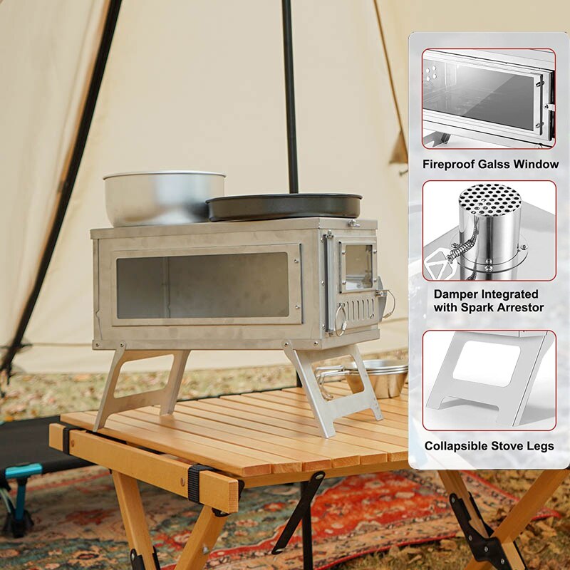 Portable Tent Stove with Glass Wall Outdoor Wood Burning Quick Release Tent Stove Camping - activesportslife