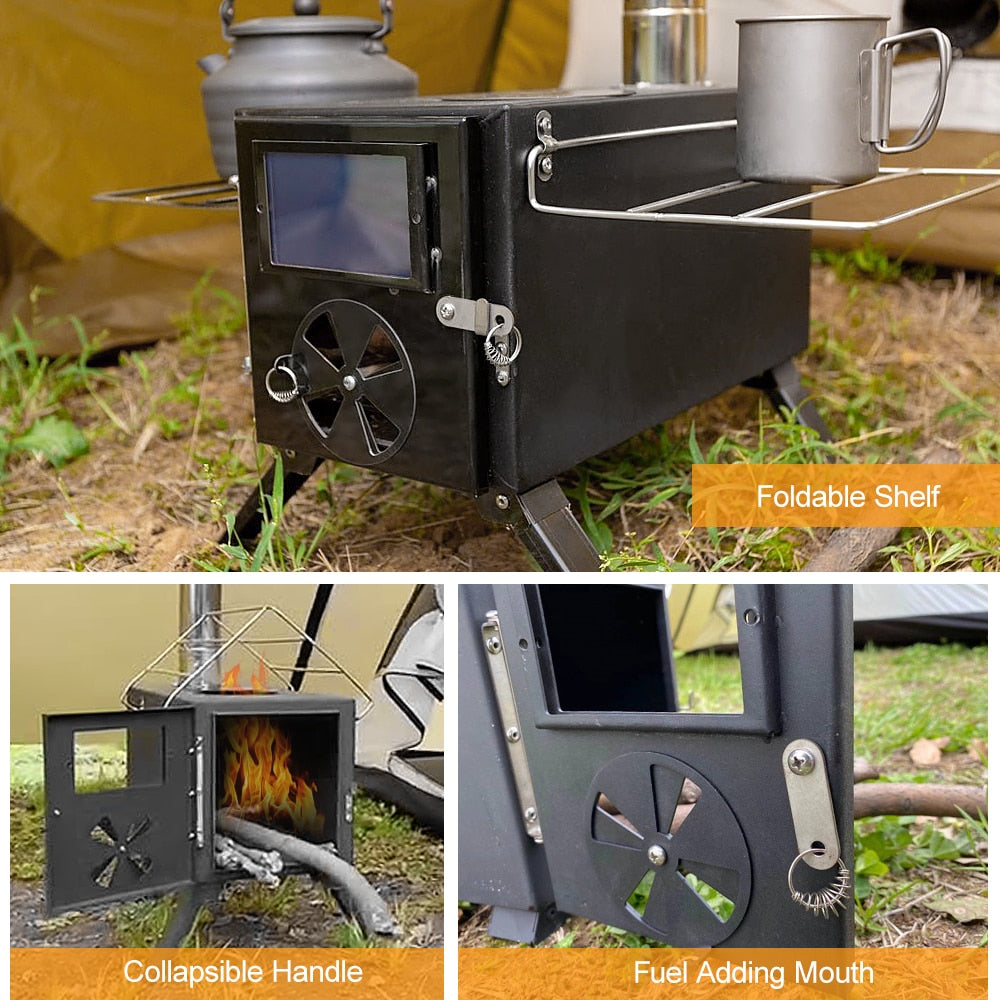 Outdoor Camping Tent Firewood Stove Portable Wood Burning Stove Multifunctional Burner with Detachable Chimney - activesportslife