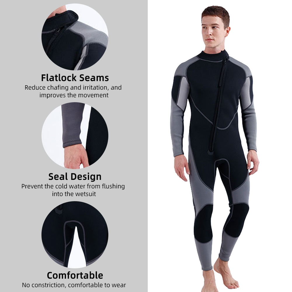 3mm Neoprene Wetsuit for Men Front Zip Full Body Diving Suit - activesportslife