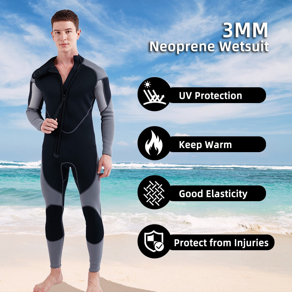 3mm Neoprene Wetsuit for Men Front Zip Full Body Diving Suit - activesportslife