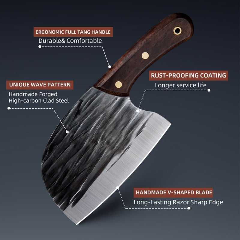 Meat Cleaver Butcher Knife Serbian Chef Knife With Sheath Chopping Bone Cutter Handmade for Outdoor Cooking Camping BBQ - activesportslife