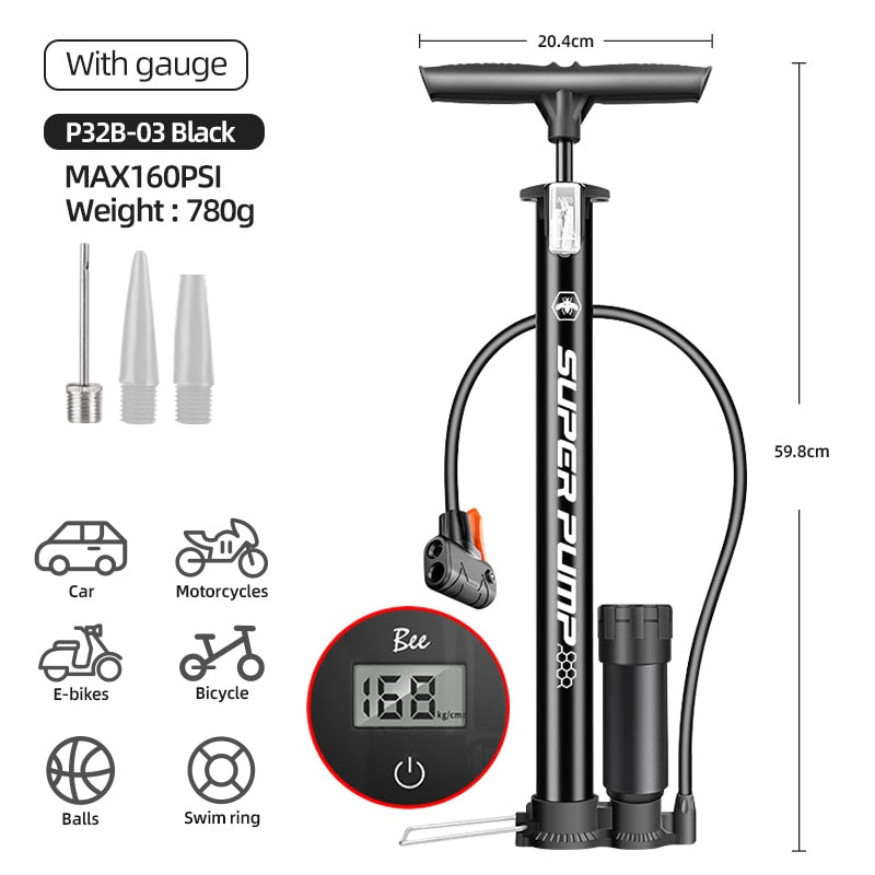 Xunting Bike Pump Inflator Max 160PSI Floor Pump with Pressure Gauge - activesportslife