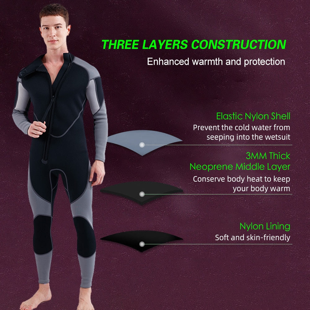 3mm Neoprene Wetsuit for Men Front Zip Full Body Diving Suit - activesportslife