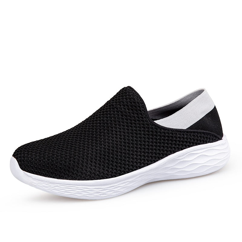 Women Walking Shoes Mesh Sports Outdoor Flats Light Breathable Slip-On black Soft - activesportslife