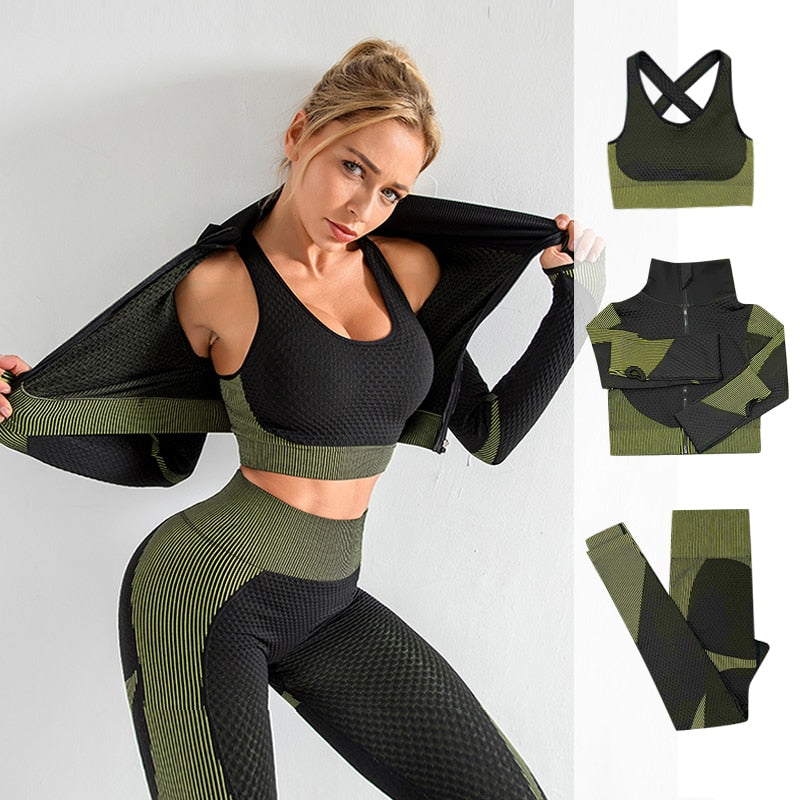 3PCS Seamless Women Yoga Set Workout Gym Clothing Long Sleeve Crop Top High Waist Leggings - activesportslife