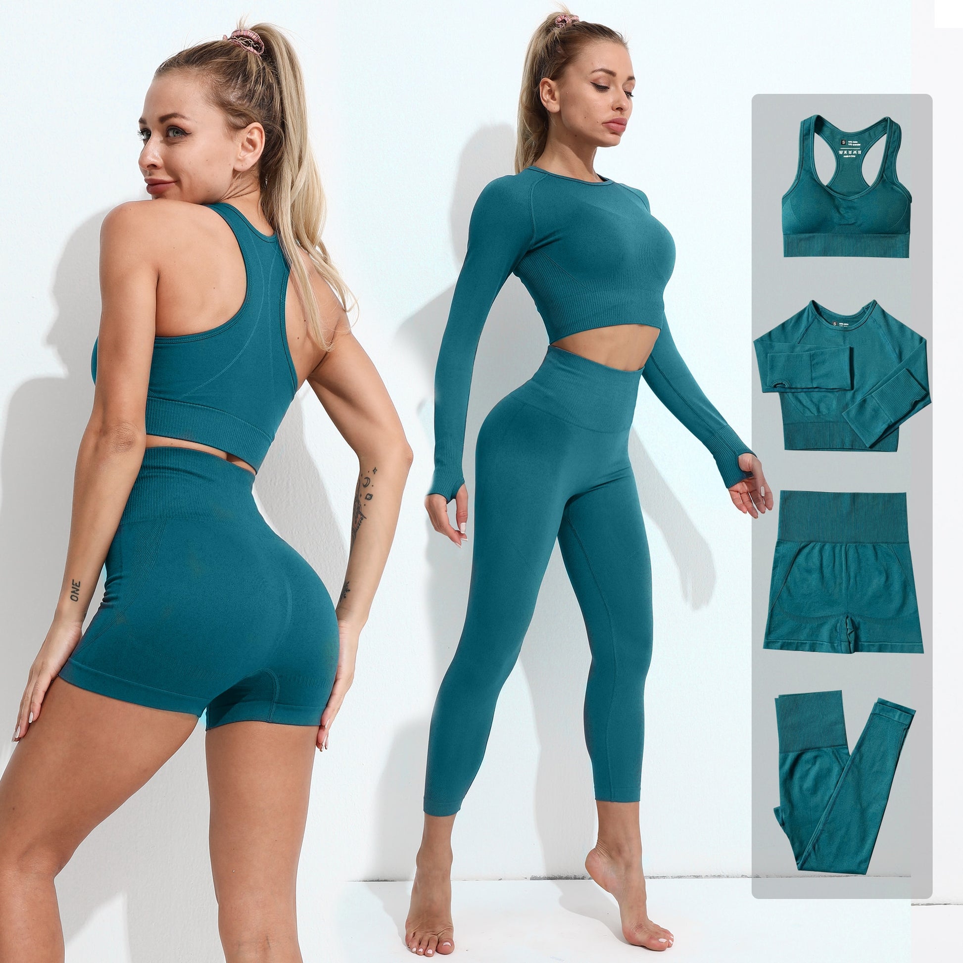 4PCS Seamless Women Yoga Set  Long Sleeve Crop Top High Waist Leggings Sports Suit - activesportslife