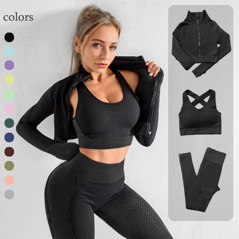 3PCS Seamless Women Yoga Set Workout Gym Clothing Long Sleeve Crop Top High Waist Leggings - activesportslife