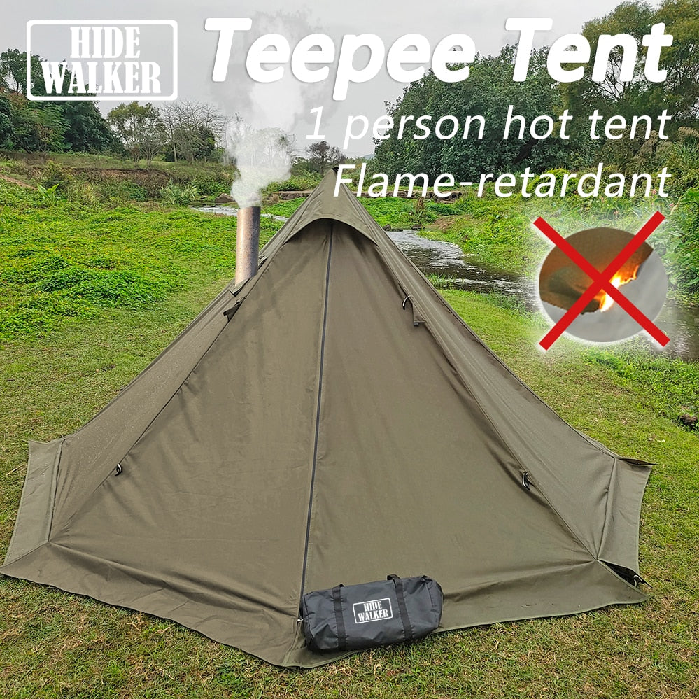 Flame-retardant Pyramid Hot Tent Outdoor Camping Waterproof Teepee Tent 1 Person Winter Stove Opening with Snow Skirt - activesportslife