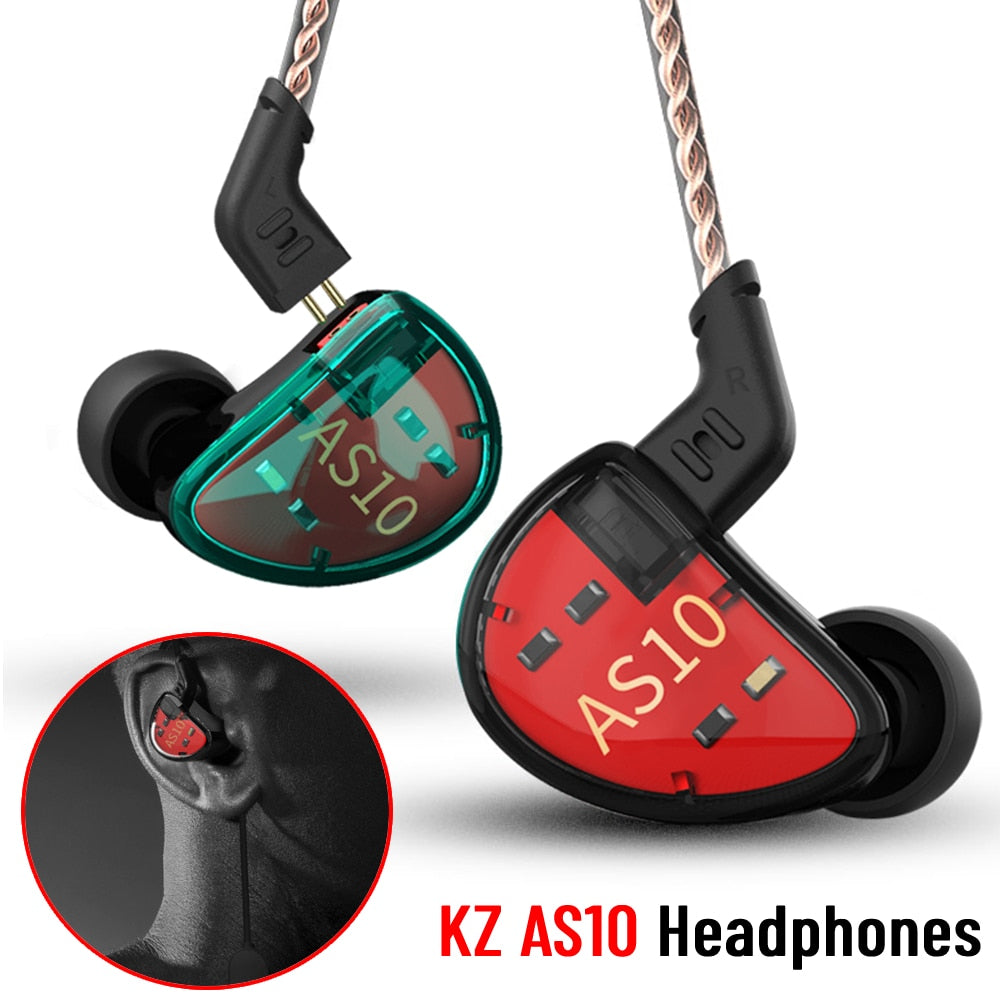 KZ AS10 Headphones In Ear Headset 5BA Balanced Armature Driver HIFI Bass Wired Earphones Noise Cancelling Sports Earbuds - activesportslife