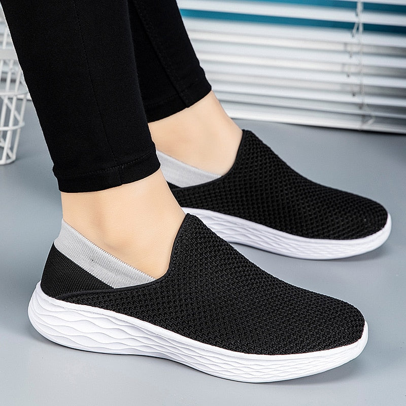 Women Walking Shoes Mesh Sports Outdoor Flats Light Breathable Slip-On black Soft - activesportslife