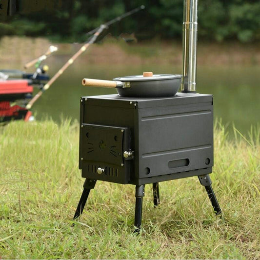 Outdoor Wood Burning Camp Stove Portable with Chimney Pipe for Cooking Camping Tent Hiking Fishing Backpacking - activesportslife