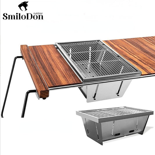 SmiloDon Folding BBQ Grill Gas Burner Portable Wood Metal Table Camping Gear - activesportslife