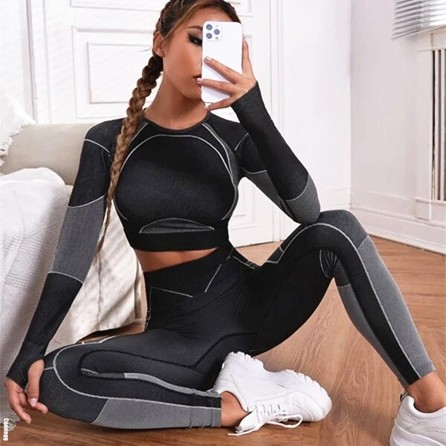 Women Seamless Yoga Set Gym Suits Fitness Sportswear High Waist Leggings Long Sleeve Crop Top - activesportslife